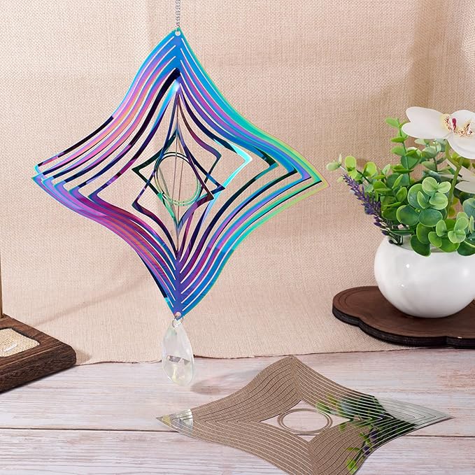 Stainless Steel Reflective Wind Spinners Outsides 3D Twisted Wind Chimes Gradient Rhombus Etched Metal Embellishments for Outdoor Indoor Garden Hanging Decor 2Pcs