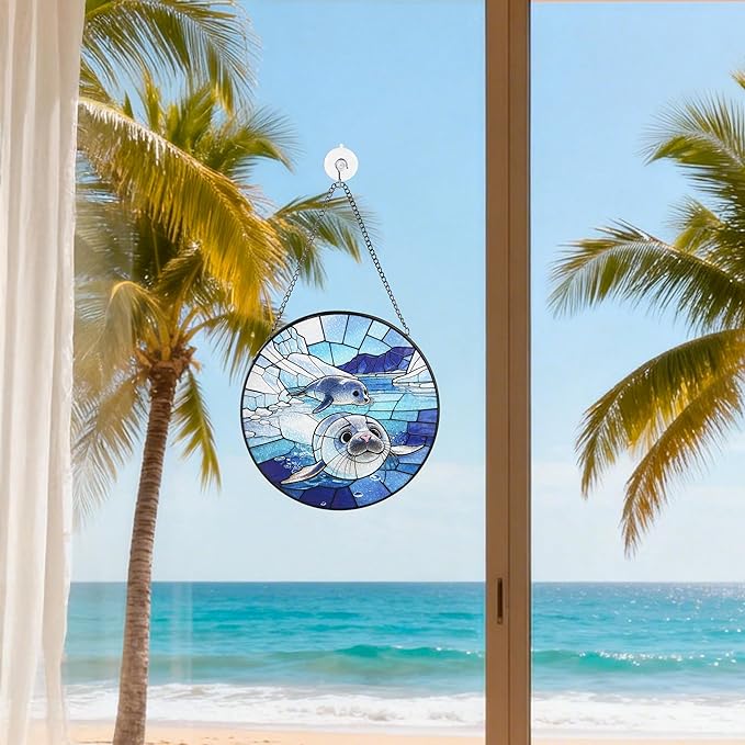Stained Glass Window Hanging, Seal Circular Painted Glass Suncatcher with Chain & Suction Cup for Home Garden Door Decor, Birthday for Women Men Mom 7.8 in