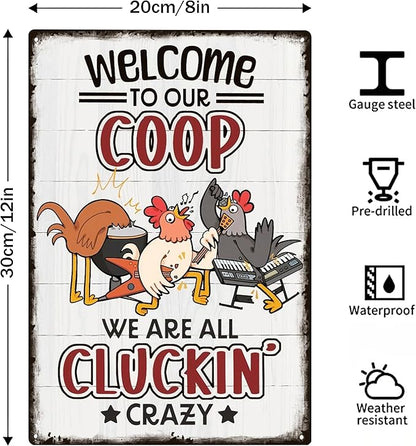 Welcome To Our Coop Funny Chicken Sign-Funny Metal Chicken Tin Sign for Home Farm Chicken Coop Farmhouse Kicthen Garden Decor 8 X 12 Inch