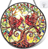 Cardinal Bird Stained Glass Window Hanging – Round Tree Branch Suncatcher with Chain, Colorful Glass Ornament for Living Room Home Garden Decor Gift, 8 Inch