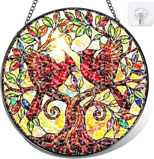 Cardinal Bird Stained Glass Window Hanging – Round Tree Branch Suncatcher with Chain, Colorful Glass Ornament for Living Room Home Garden Decor Gift, 8 Inch