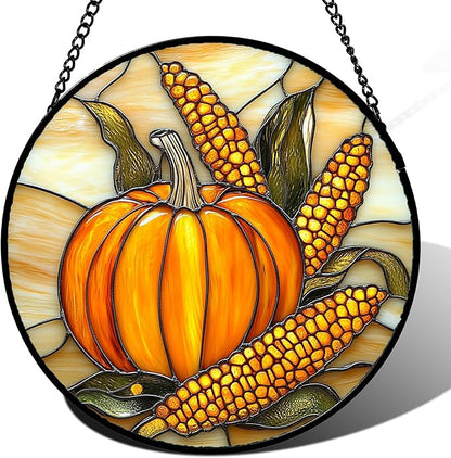 DASTOLL Stained Glass Window Hanging Autumn Harvest Pumpkin Corn Large 15" - Suncatcher Door Garden Kitchen Sunroom Sun Catcher Fall Home Decor Birthday for Mom Grandma Men Woman