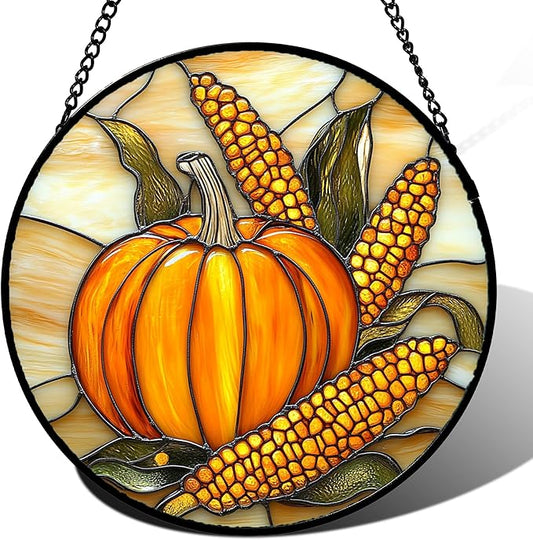 DASTOLL Stained Glass Window Hanging Autumn Harvest Pumpkin Corn Large 11.8" - Suncatcher Door Garden Kitchen Sunroom Sun Catcher Fall Home Decor Birthday for Mom Grandma Men Woman