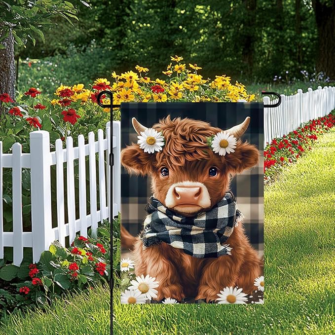 BlissYard Highland Cow Garden Flag 12x18 Inch Double Sided Plaid Daisy Yard Flags Floral Cow Farmhouse Flag Adorable Farm Animal Outdoor Decoration for Seasonal Summer Spring Yard Decor