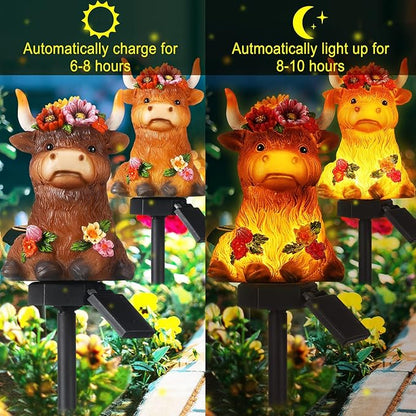 Rossesay 2 Pack Highland Cow Solar Lights Outdoor Garden Gnome Statues Resin Lamp Decor Waterproof Stake Lights Highland Cow Gifts for Yard Patio Lawn Decor