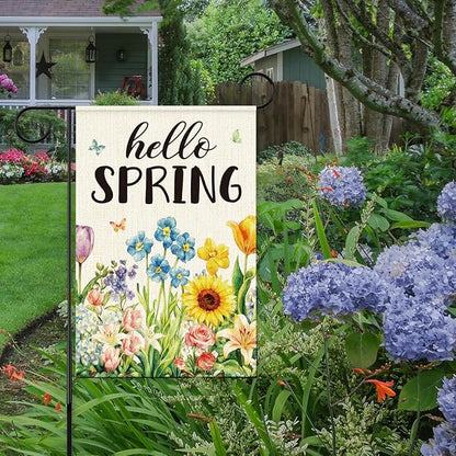 Hello Spring Garden Flag for Outside,Spring Flowers Garden Flag,Seasonal Floral Yard Lawn Porch Flags for Outdoor Decorations 12x18 Inch Double Sided