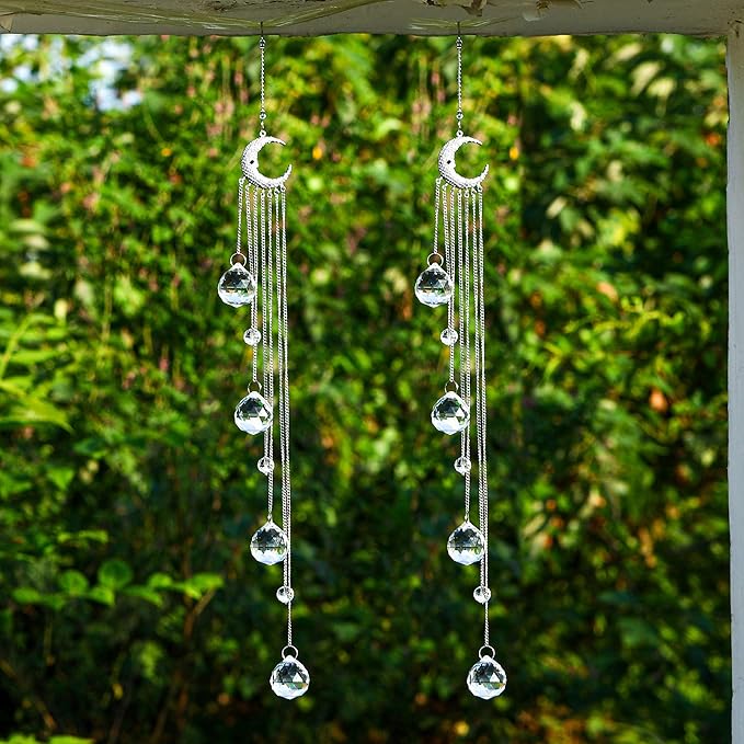 20.5inch Hanging Clear Crystal Suncatcher Ornaments with Moon Decor Rainbow Maker Crystal Beads Ball Prisms Ornament for Christmas Tree