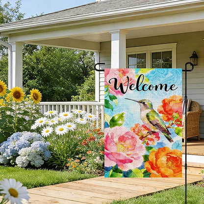 IVN Welcome Hummingbird Garden Flag 12x18 Inch – Colorful Floral Peony Spring Summer Outdoor Flag, Double Sided Burlap Farmhouse Yard Flag for Porch Lawn Patio Decor