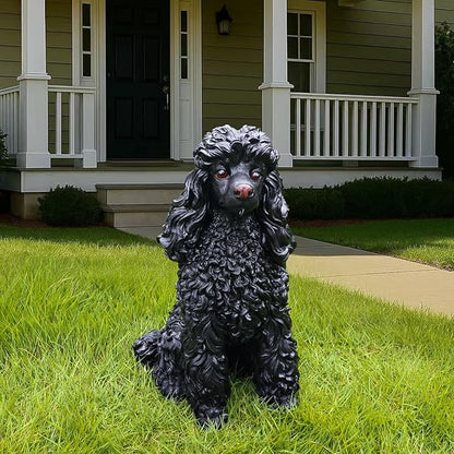 Black Poodle Garden Statue with Solar Lantern - 14.4" Large Dog Outdoor Decor with Double-Sided "Welcome/On Patrol" Sign, Waterproof Resin Puppy Figurine for Yard, Porch, Patio, Pet Memorial Gift