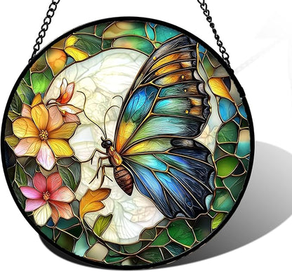 DASTOLL Stained Glass Window Hanging, Butterfly Flower Sun Catchers Diamond Glass Panel Hangings Insect Suncatcher Decor for Birthday for Women, Men, Wife, Aunt, and Mom 11.8x11.8 in