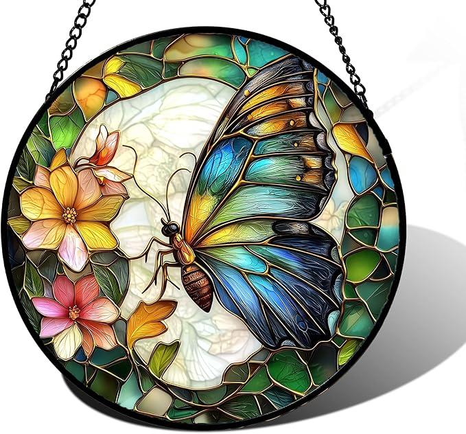 DASTOLL Stained Glass Window Hanging, Butterfly Flower Sun Catchers Diamond Glass Panel Hangings Insect Suncatcher Decor for Birthday for Women, Men, Wife, Aunt, and Mom 9.8 in