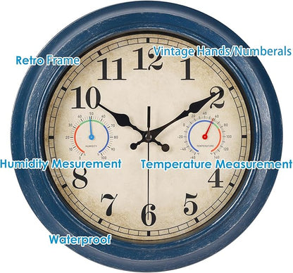 12 Inch Outdoor Clock with Thermometer and Hygrometer Combo, Waterproof Indoor Outdoor Wall Clocks for Patio, Pool, Garden, Bathroom Decor- Blue