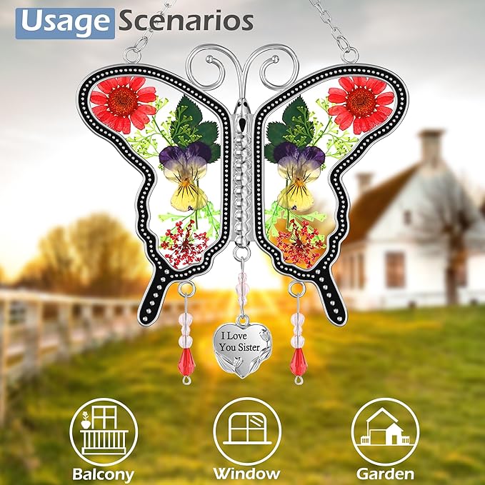 KY&BOSAM Butterfly Suncatcher I Love You Sister Stained Glass Panels Hangings for Windows Suncatchers Pressed Real Flower Wing in Glass Dream Catchers Birthday Mother`s Day Wind Chimes