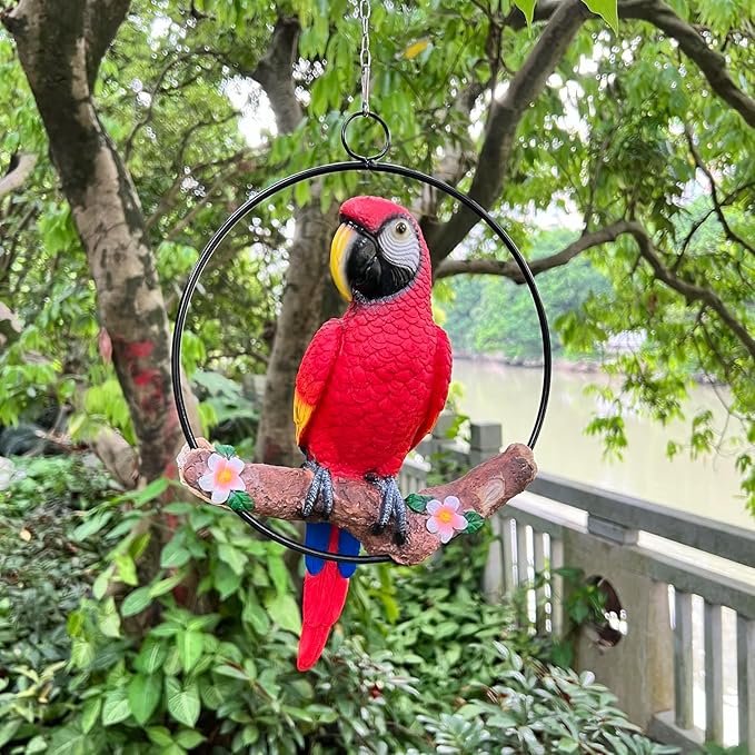 Hanging Scarlet Macaw Parrot Perching on Branch in Metal Round Ring for Home Patio Garden Decor 16" H (Red and Yellow)
