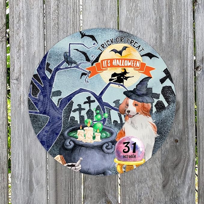 Retro Metal Sign 12"x12",Happy Halloween Scary Night Grave Witch Bats Trick Or Treat Dog Aluminum Tin Metal Sign for Home Living Room Bedroom Garden Farm Patio Decor Wall Art Poster