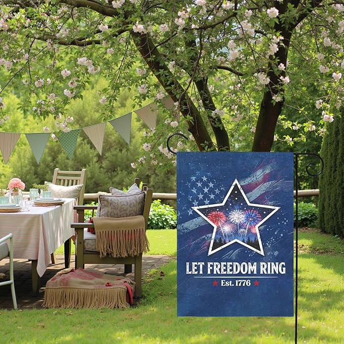 Fourth of July Patriotic Garden Flag Let Freedom Ring Yard Flags Independence Day Double Sided American Star Fireworks House Banner for Porch Patio Memorial July 4th Home Decor 12 x18 Inch