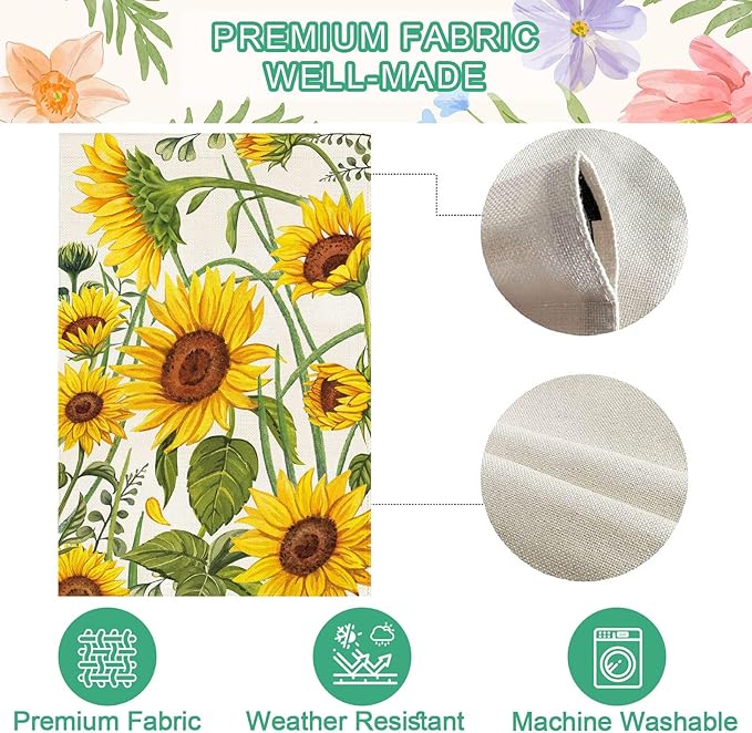 Baccessor Spring Summer Sunflower House Flag 28 x 40 Inch Double Sided Burlap Summer Yellow Flower Green Leaf Farmhouse Large Yard Flag Summer Holiday Seasonal Outdoor Outside Decoration