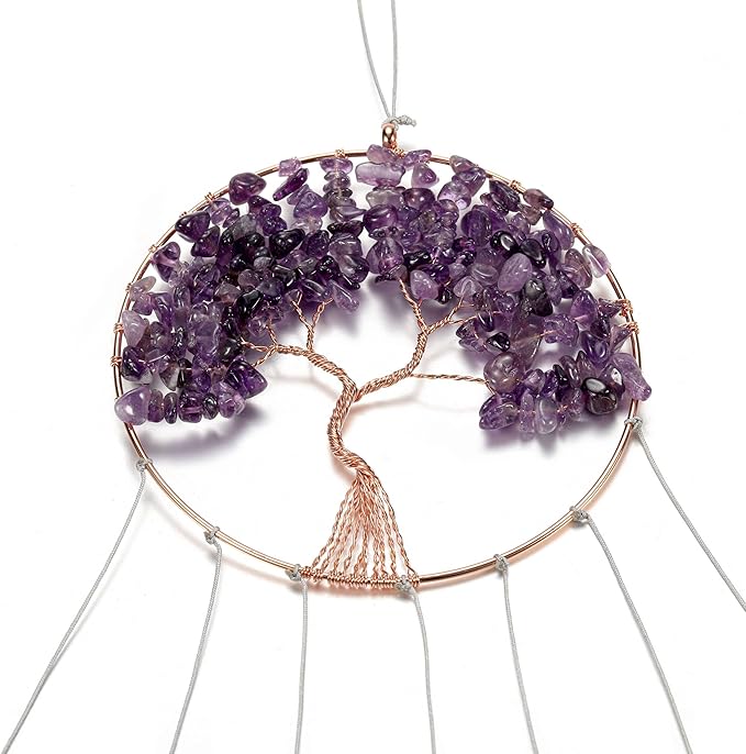 Yoption Amethyst Tree of Life Memorial Wind Chime, Natural Crystal Agate Slices Windchimes for Indoor Outdoor Decoration Ornament, 15.7-17.7 inch