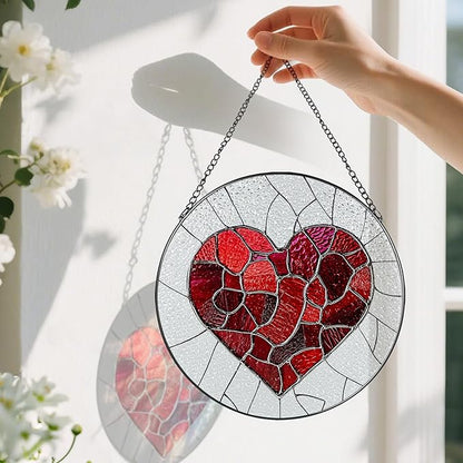 Stained Glass Window Hanging - 8 in Heart Suncatcher - Romantic Decor Love Gift - Gifts for Valentine's Day, Mother's Day, Christmas, Anniversary, Birthday - Gifts for Girlfriend, Couple, Wife, Her