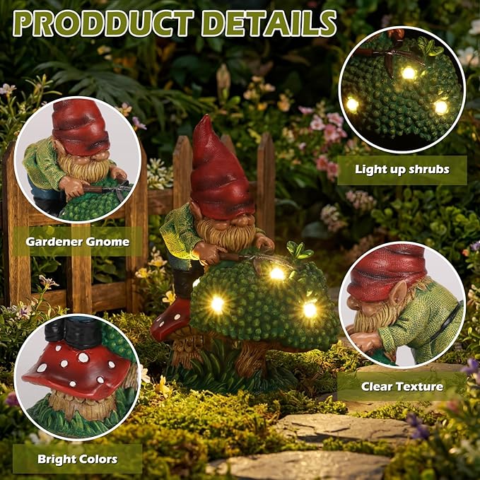 EXYGLO Solar Gnome Garden Decor Statue, 7.4" Gnome Gardener Outdoor Funny Decoration for Lawn, Patio, Yard, and Unique Housewarming, Birthday Ornament Gift for Mother, Friend, Family