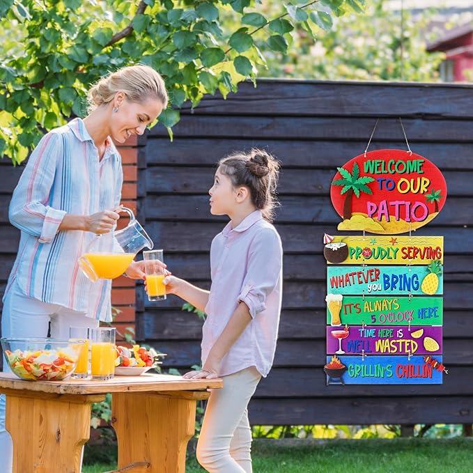 RattanView Large Welcome to Our Patio Sign Outdoor 26 x 13 Inch DIY Wooden Patio Decor Jumbo Backyard Plaque Wall Hanger BBQ Party Tiki Tropical Bar Decor for Home Outdoor Yard Housewarming Gift