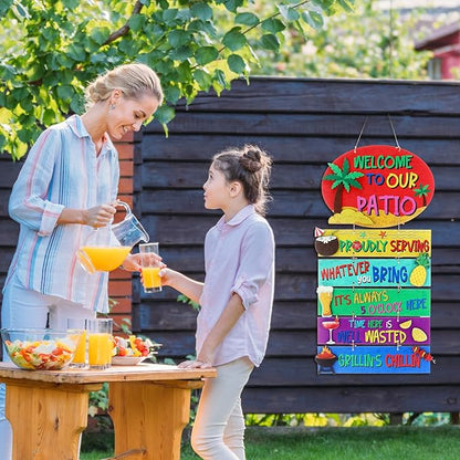 RattanView Large Welcome to Our Patio Sign Outdoor 26 x 13 Inch DIY Wooden Patio Decor Jumbo Backyard Plaque Wall Hanger BBQ Party Tiki Tropical Bar Decor for Home Outdoor Yard Housewarming Gift