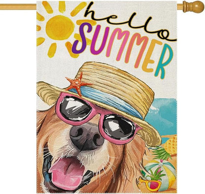 Hello Summer House Flags for Outdoor Decoration, Dog with Sunglass Beach Sun Hat Large Yard Flag, Seasonal Decorative Celebration Decor for Spring Farmhouse Holiday Outside 28x40 Inch Vertical Double Sided