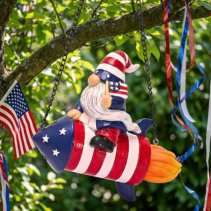 TERESA'S COLLECTIONS 4th of July Gnome Rocket Decorations, Memorial Day Hanging Ornament for Home, USA 250th Anniversary Patriotic Resin Independence Day Gift for Women, Indoor Outdoor Wall Decor 8"