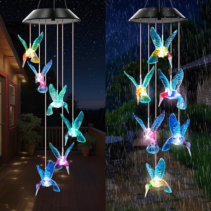 WENANA Blue Hummingbird Solar Wind Chimes Color Changing Lights Outdoor, Best Gifts for Mom Grandma Women Wife Aunt Daughter Sister, Unique Mobile Wind Chime, Gardening Yard Decorations