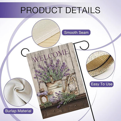 Hzppyz Welcome Spring Summer Garden Flag Lavender Flower Bucket, Decorative House Yard Lawn Outdoor Small Burlap Flag Lantern Decor, Vintage Farmhouse Seasonal Outside Decorations Double Sided 12 x 18