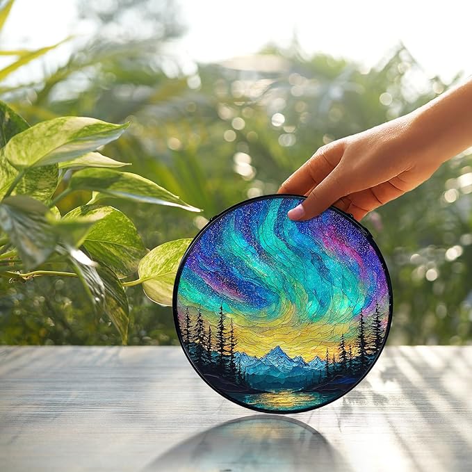 Nature Mountain Aurora Borealis Suncatcher Stained Glass Window Hanging, Northern Lights Sun Catchers Indoor Window Glass Wall Art Decor, Nature Wall Hanging Decor Decorations, 7.9x7.9 Inch