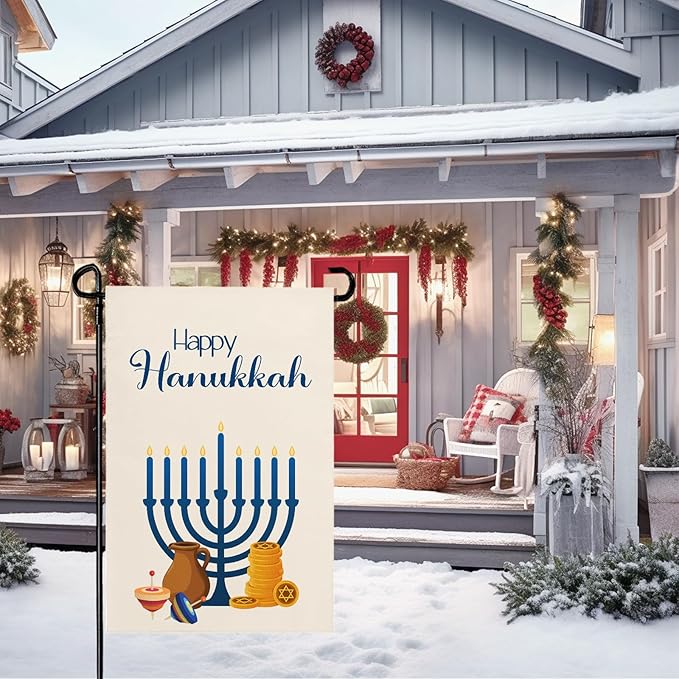 Happy Hanukkah Garden Flags Menorah Star of David Chanukah Yard Flag Jewish Gyroscope Holiday Festival Holiday House Banner Double Sided for Winter Decor 12 x 18 Inch