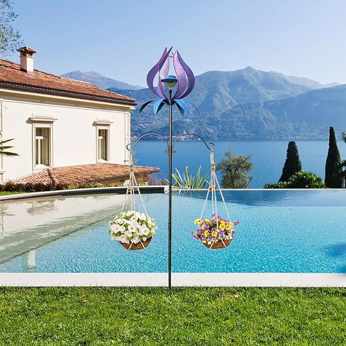 Multifunction Solar Wind Spinner Outdoor with Shepherd Hooks MANORTANG 83 Inch Valentine Metal Large Landscape Light Double Coconut Basket LED Windmill Outdoor Decoration for Yard Patios (Purple)