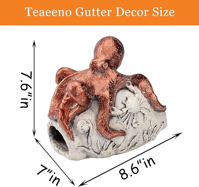 Teaeeno Octopus Downspout Extender Statue - Outdoor Garden Decor, Drain Pipe Cover with Crab & Coral Design - Durable Resin for US Lawns, Patios, and Yards (Red)