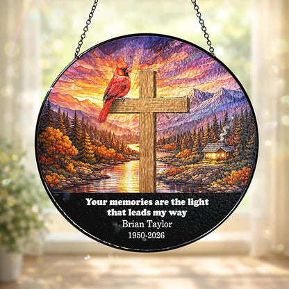 Personalized Cardinal Memorial Cross Stained Glass, Religious Crystal Window Hanging, Memorial Suncatcher for Loss of Loved One, Christian Sympathy Gift for Nana Grandpa, Cross Garden Decor