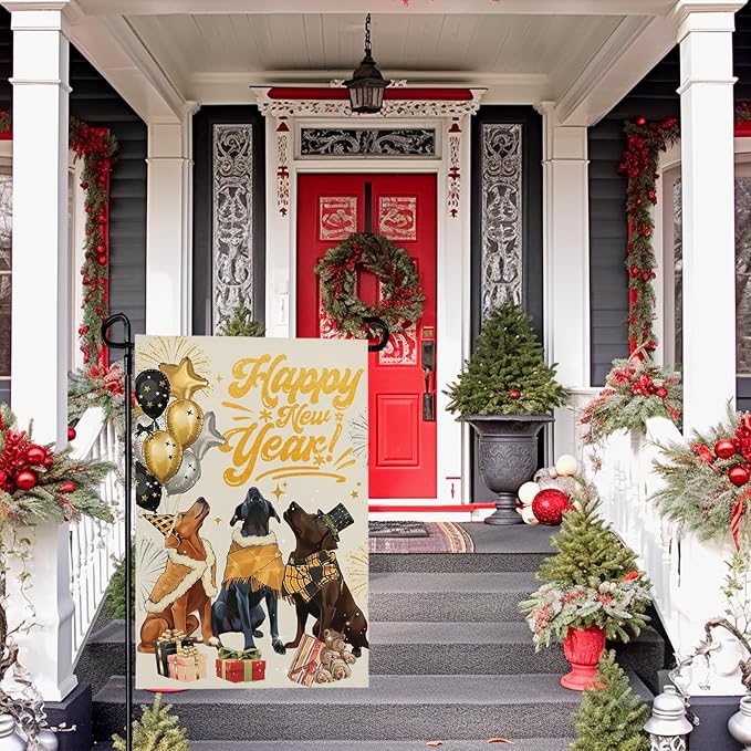 Happy New Year Garden Flag 12 X 18 Inch Double Sided Winter Cute Dogs Balloon Yard Garden Flags for Outside Outdoor Yard Party New Year Decoration