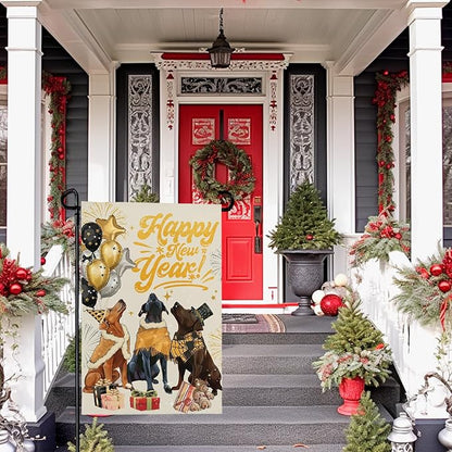 Happy New Year Garden Flag 12 X 18 Inch Double Sided Winter Cute Dogs Balloon Yard Garden Flags for Outside Outdoor Yard Party New Year Decoration