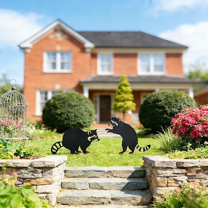 2 Pack Raccoon Metal Garden Stakes for Outdoor Decor – Cute Animal Yard Art for Garden, Lawn, or Pathway – Weather-Resistant Black Silhouette Statues, Unique Gift for Nature & Wildlife Lovers