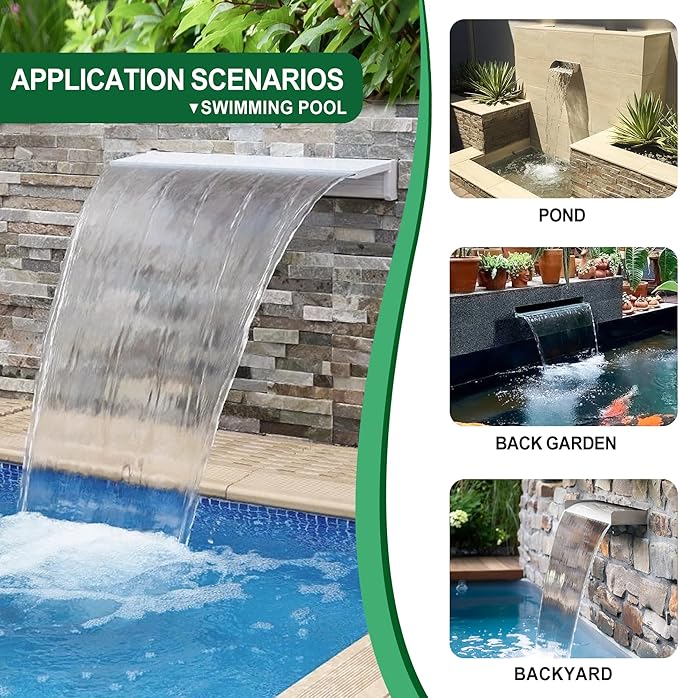 Waterfall Pool Fountain, LONGRUNNEW Stainless Steel Waterfall Spillway with Pipe Connector Kits for Outdoor/Indoor Decorative, 11.8 Inches Pool Water Feature for Garden Patio, Backyard Koi Pond Decor