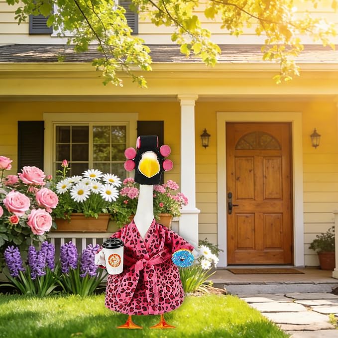 Lady Porch Goose Outfits, Spring Summer Goose Clothes Costume with Pink Leopard Bathrobe for 23/28" Lawn Cement Geese for Garden