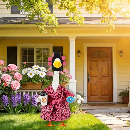 Lady Porch Goose Outfits, Spring Summer Goose Clothes Costume with Pink Leopard Bathrobe for 23/28" Lawn Cement Geese for Garden