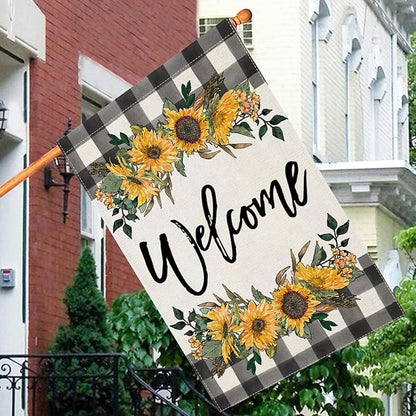 LARMOY Welcome Spring House Flag for Outdoor,28×40 Double Sided Black and White Buffalo Plaid with Sunflowers,Large Decorative Yard Flags for Summer All Seasons, Seasonal Farmhouse Outside Decor
