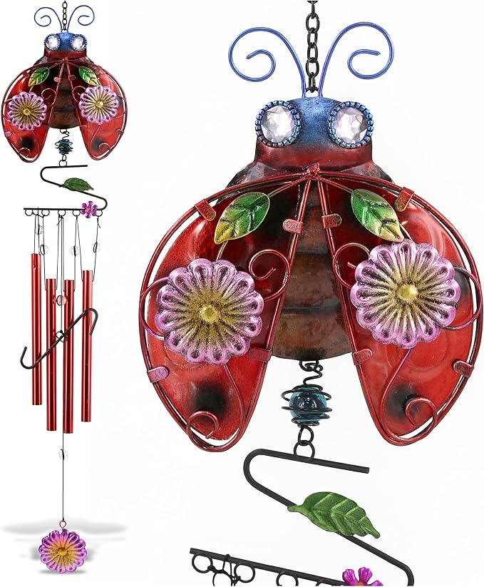 CoTa Global Ladybug Wind Chime - Handmade Glass and Metal Chime - Bug Wild Life Hanging Decor - Colorful Home Decor Gift, Indoor and Outdoor Hanging Decoration For Porch, Patio, and Garden - 33.5 Inch