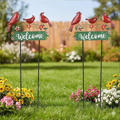 42.5inch Cardinal Garden Stake with Welcome Yard Sign and Metal Flowers for Outdoor Garden Decor, Cardinal Yard Decor for Outdoor Lawn Ornaments