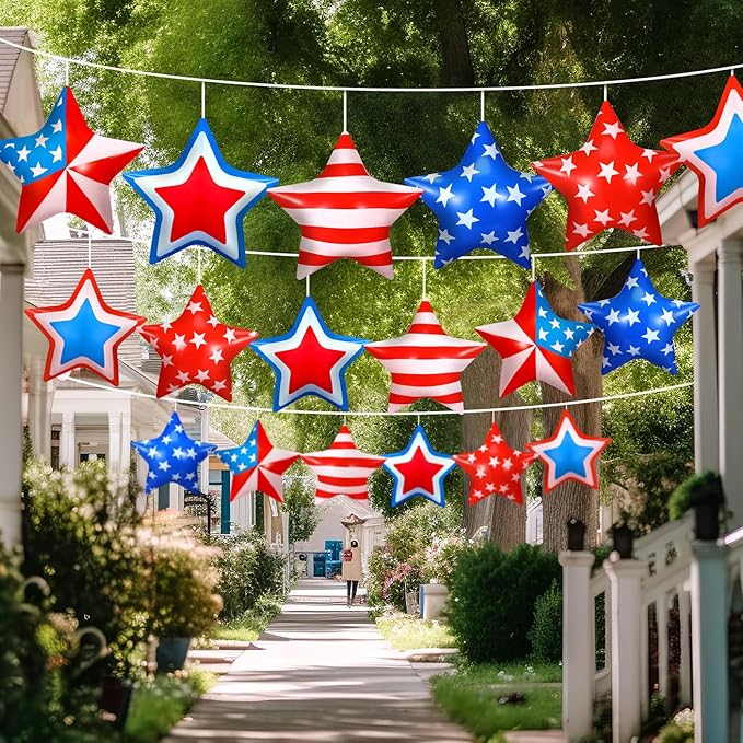 18 Pcs 4th of July Inflatable Outdoor Stars Decor 250th Anniversary Patriotic Memorial Day Outdoor Decorations Inflatable Star American Flag PVC Balloons Blow up for Hanging Home Garden Decor
