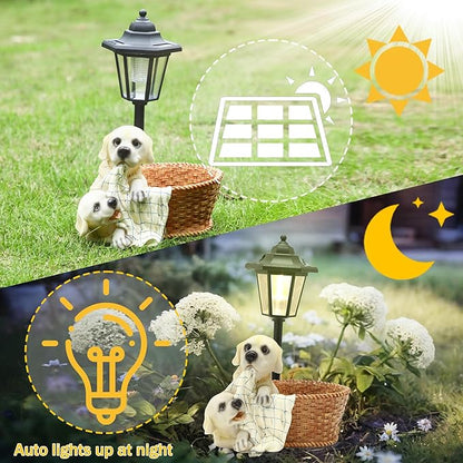 Solar Garden Outdoor Decor Statues Labrador Puppies Playing in Basket with Light,Outside-Outdoor Decorations Sculptures for Patio Yard Lawn Walkway Ornaments Gifts for Mom Grandma Birthday