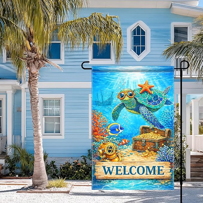 BlissYard Ocean Sea Turtle Welcome Garden Flag 12x18 Double Sided Vertical Outdoor Coastal Decor Underwater Coral Reef Yard Garden Lawn Patio Nautical Summer Banner