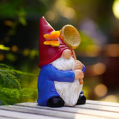 Garden Gnome Statue with Butterfly Net - Hand-Painted Resin Figurine 6.1in, Weatherproof Outdoor Decor for Patio, Yard, Lawn - Durable Indoor/Outdoor Accent, Gift for Mom,Women