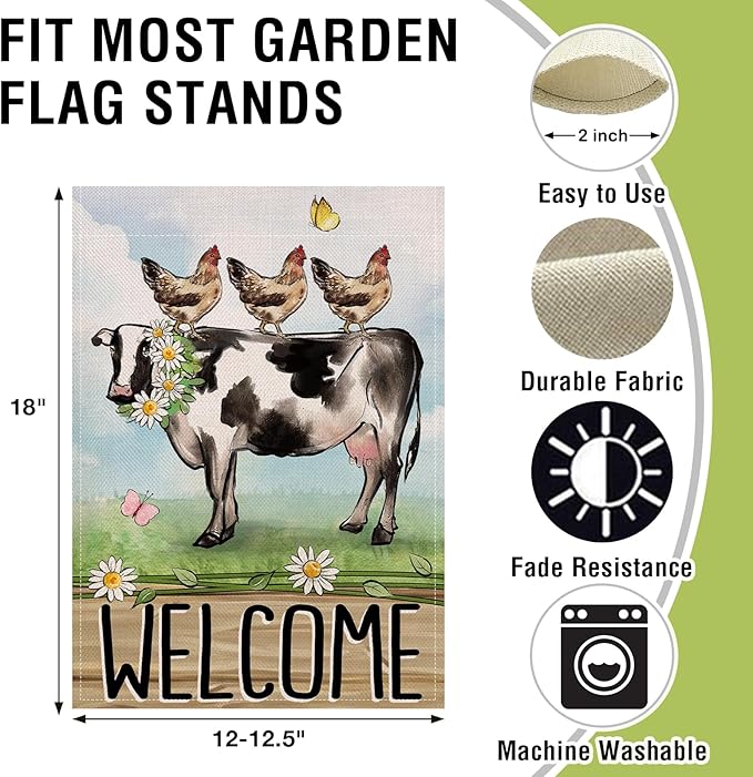 Artofy Welcome Spring Summer Farm Animals Small Decorative Garden Flag, Cow Chicken Hen Farmhouse Yard Lawn Outside Decor, Rustic Burlap Outdoor Home Decoration Double Sided 12 x 18