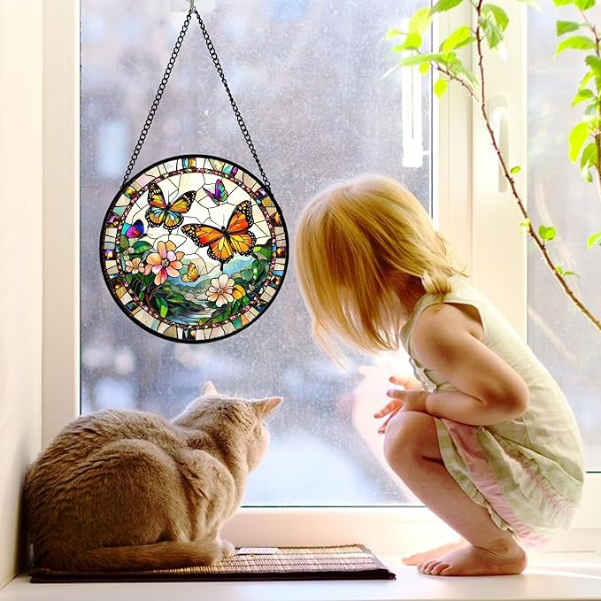DASTOLL Stained Glass Window Hanging, Butterflies Flying in The Sky Suncatcher for Doors Home Sun Catchers Decoration and Christmas, Mother's Day Birthday Gifts for Women, Men, and Mom 7.8 in